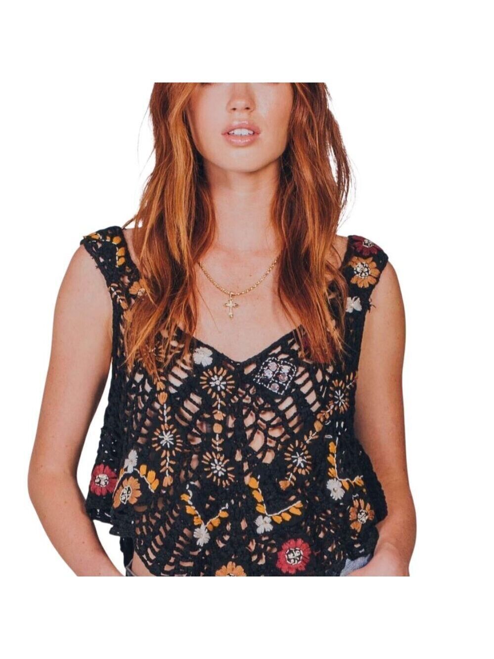 Free People NWT Black Sheer Embroidered Crochet Back Tie Tank Top Size XS - Picture 2 of 13